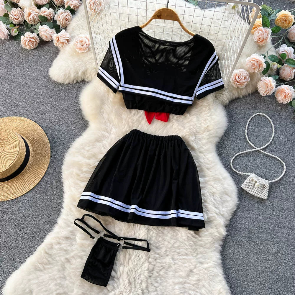 CHILLGIO-Conjunto de pijama con falda de malla transparente para mujer, ropa de dormir, lencería erótica de moda, estilo Preppy japonés
