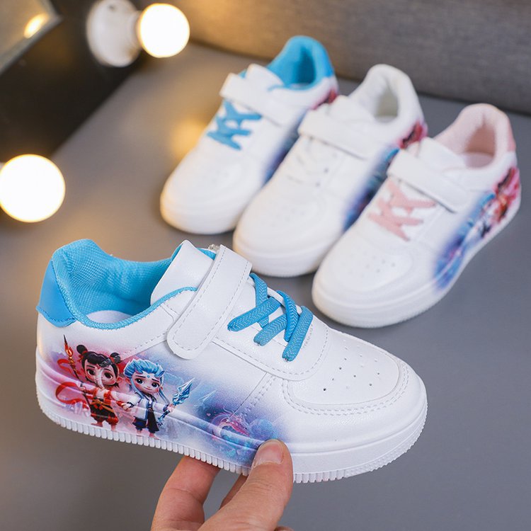 White Sneakers Nezha Ao Bing Children's Shoes Soft Sole Versatile Casual Sports Shoes with Buckle Student Shoes Running Shoes for Young Children