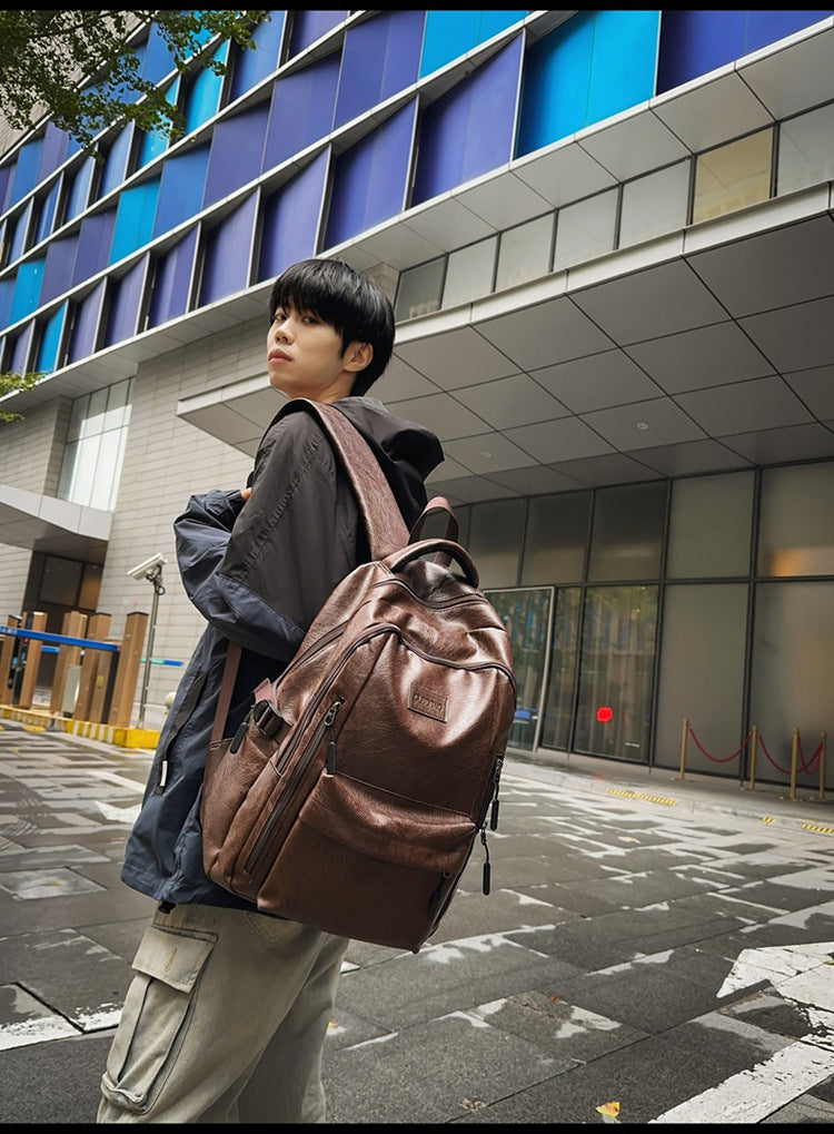 New soft leather retro men's and women's shoulder bag high school students college students large capacity schoolbag trendy cool all-match backpack wholesale
