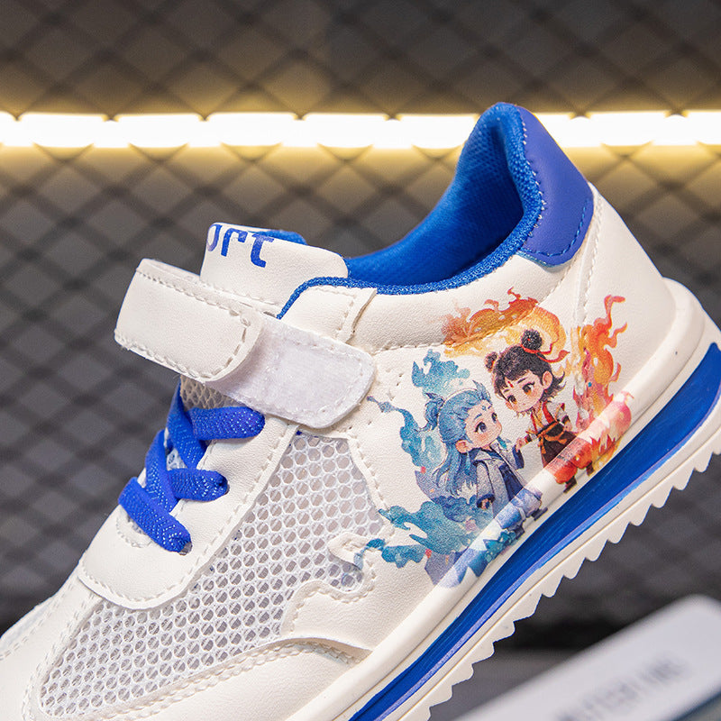 Nezha Ao Bing Children's Cartoon Sports Shoes Summer New Breathable Single Mesh Sneakers Soft Sole Non-Slip Girls' White Shoes
