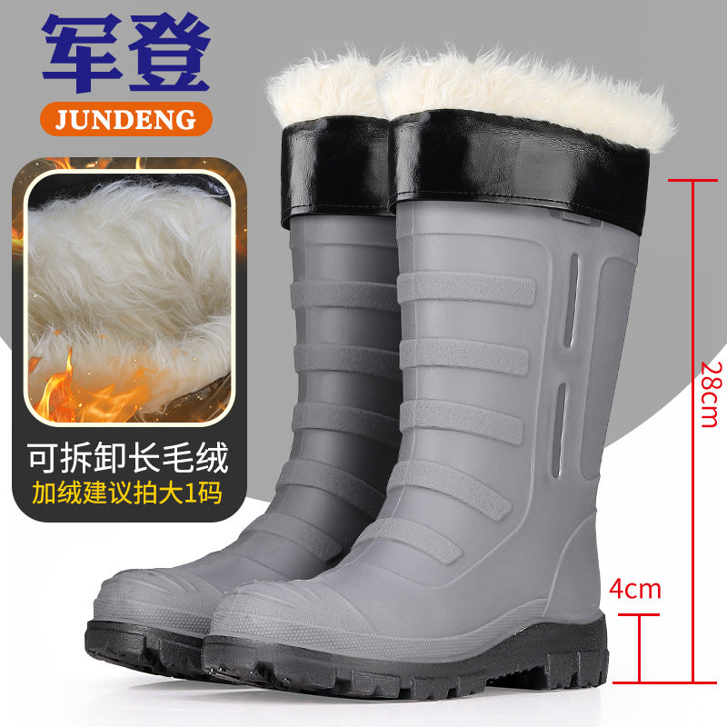 Mid-Calf Fashionable Rain Boots for Men, Thickened and Wear-Resistant Outdoor Waterproof Boots for Fishing, Non-Slip Water Shoes and Velvet Rain Boots