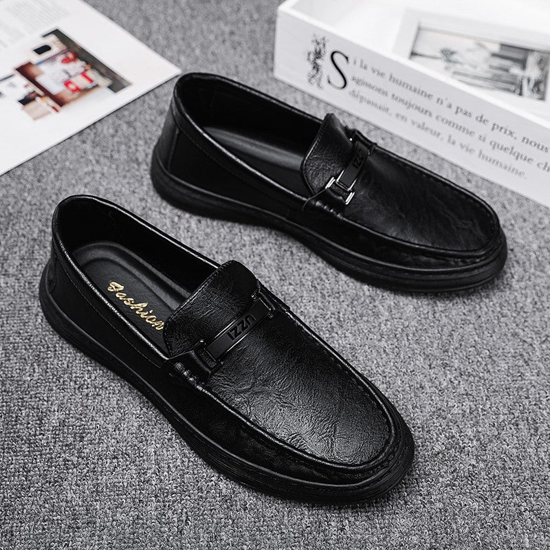 Labor Insurance Work Men's Shoes Summer Business Dress Casual Leather Shoes Men's Slip-on Lazy Soft Bottom Bean Shoes Black