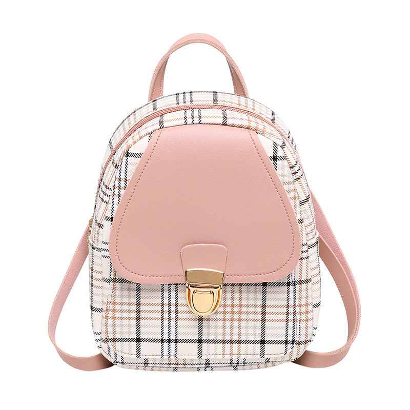 Small School Bag 2024 Korean Style Fashionable Small Backpack Satchel Shoulder Crossbody Bag Contrasting Color Mobile Phone Bag Pu Plaid Backpack