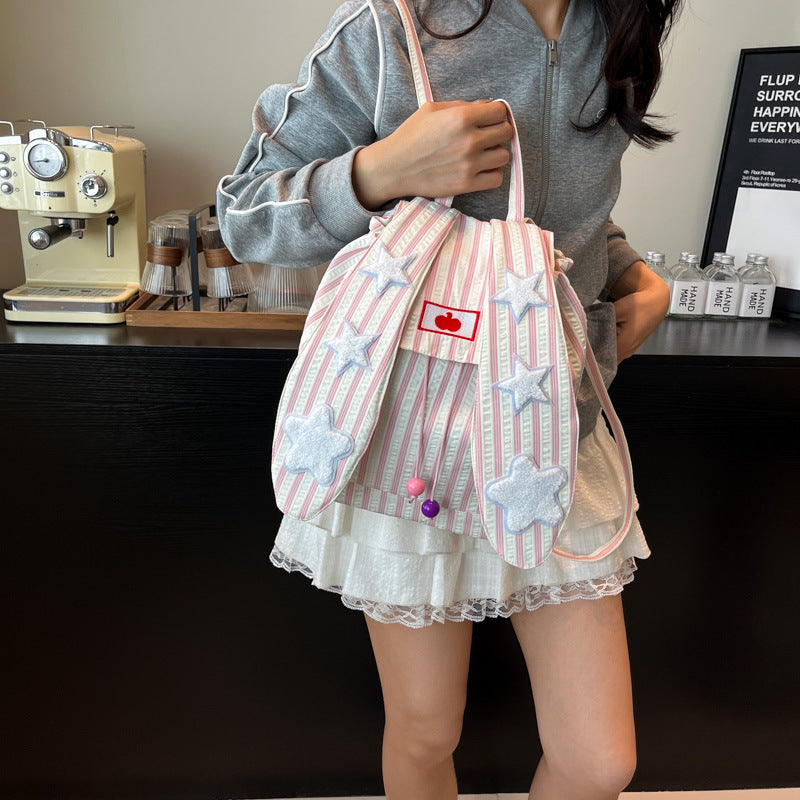Rabbit Ears Striped Backpack New Fashion Cute Girl School Bag Going Out Simple Large Capacity Travel Bag