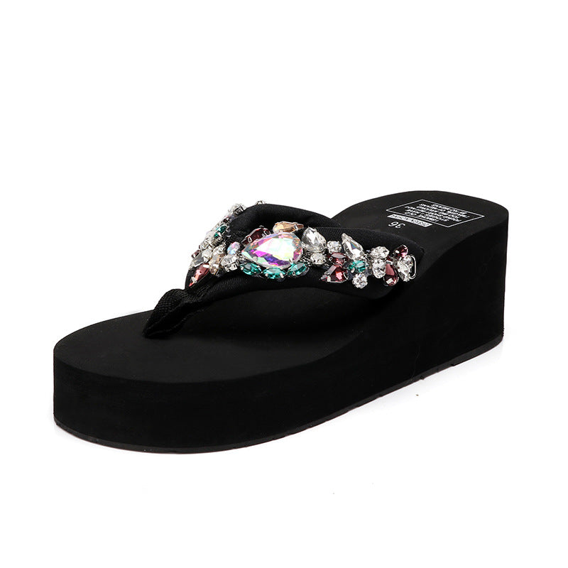 New Style Rhinestone Thick-Soled Beach Slippers for Women Summer Platform Soft-Soled High-Heeled Flip-Flops Fashionable Vacation Heightening Sandals