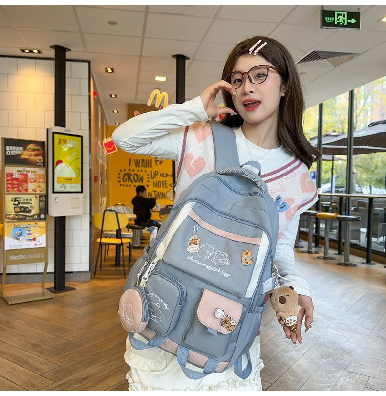 Ins Style School Bag for Girls, Versatile Color-Blocking Large-Capacity Backpack for Middle School and High School Students, Campus Style