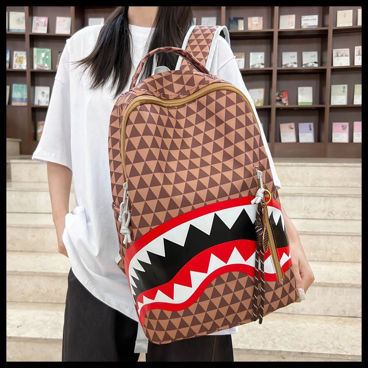 Men's Niche Fashion Plaid Shark Bag Backpack Student School Bag Large Capacity Street Backpack Travel Bag Wholesale