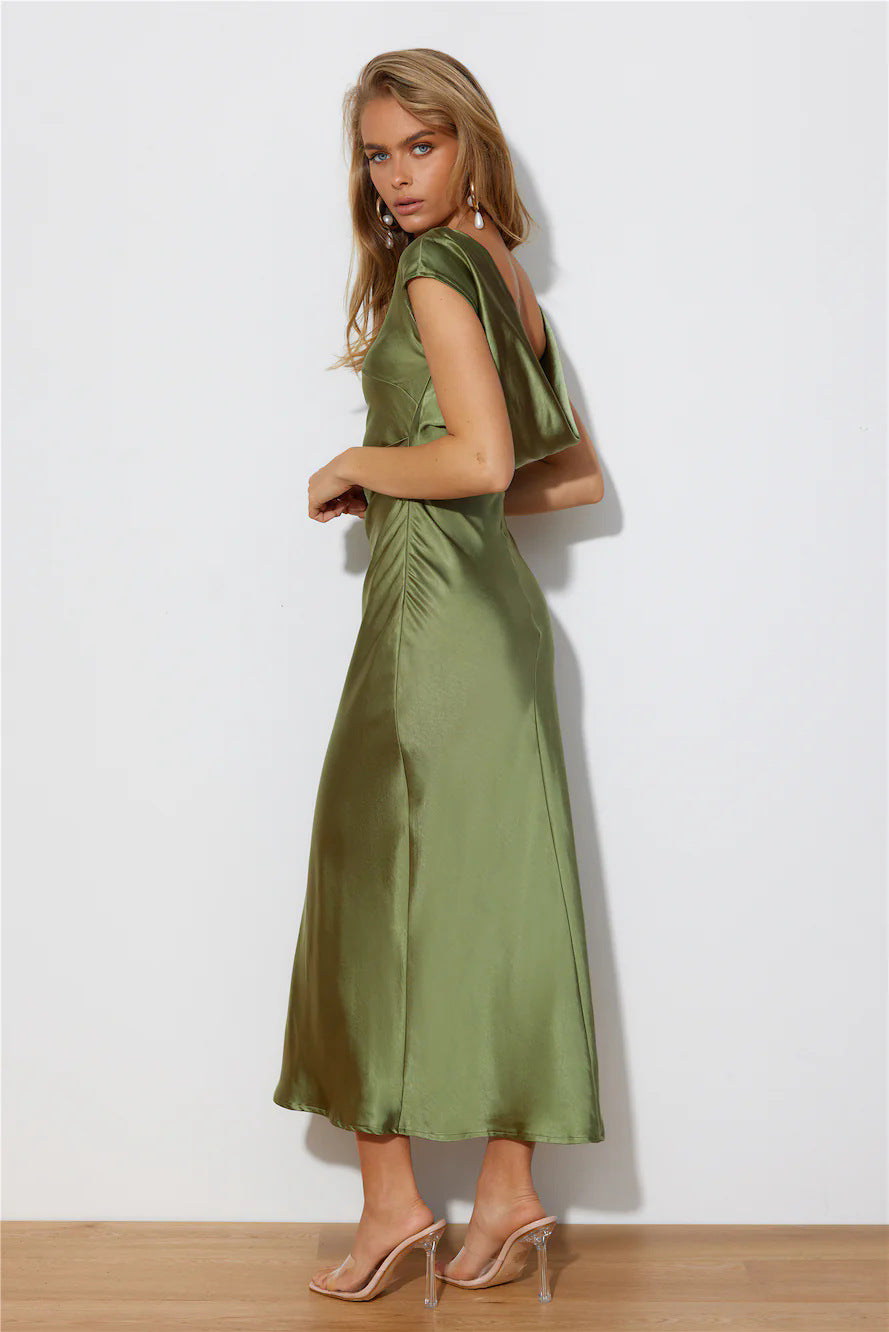 European and American Cross-Border Women's Clothing New Solid Color High-End Satin Slim One-Shoulder Sexy Backless Fishtail Dress
