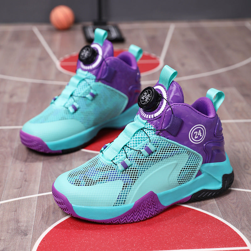 Children's Basketball Shoes, Boys' Shoes, Spring 2026 New Style Rotating Buckle Sports Shoes, Medium and Large Children's Non-Slip and Wear-Resistant Running Shoes