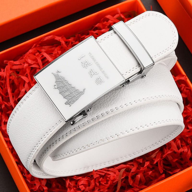 Belt Men's Genuine Leather White Automatic Buckle Belt Letter Trendy Personalized Trouser Belt Korean Version Dropshipping Factory Direct Sales