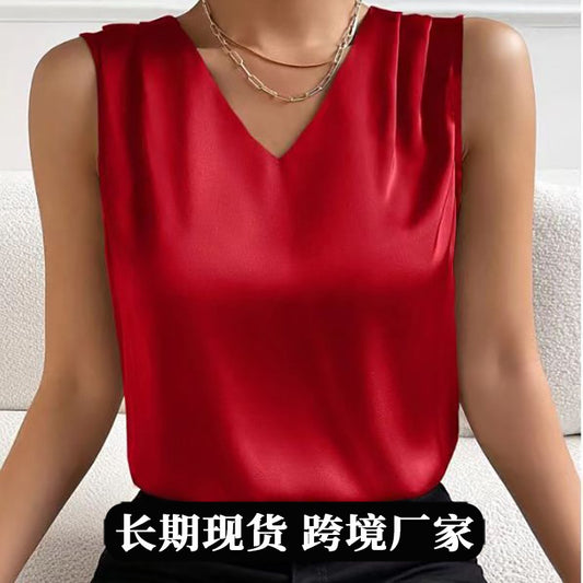 2026 Amazon European and American Cross-Border Women's Clothing Satin Suit Sleeveless Elegant Commuter Vest Base Top
