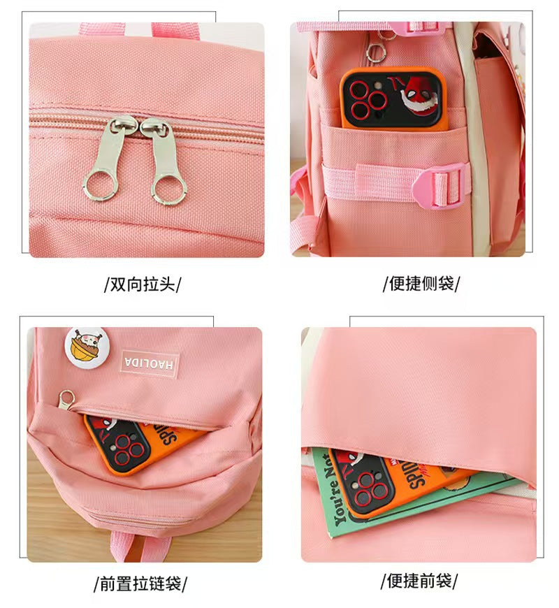 New School Bag Backpack Female Korean Version Canvas Large Capacity Five-Piece Set Middle School Student Backpack Student School Bag Female
