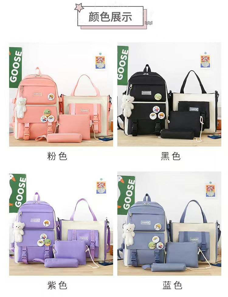 New School Bag Backpack Female Korean Version Canvas Large Capacity Five-Piece Set Middle School Student Backpack Student School Bag Female