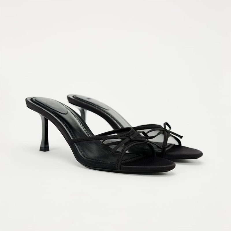 Za 2025 New Summer Mesh Breathable Open-Toe High-Heeled Sandals Versatile Simple Bow Stiletto Sandals