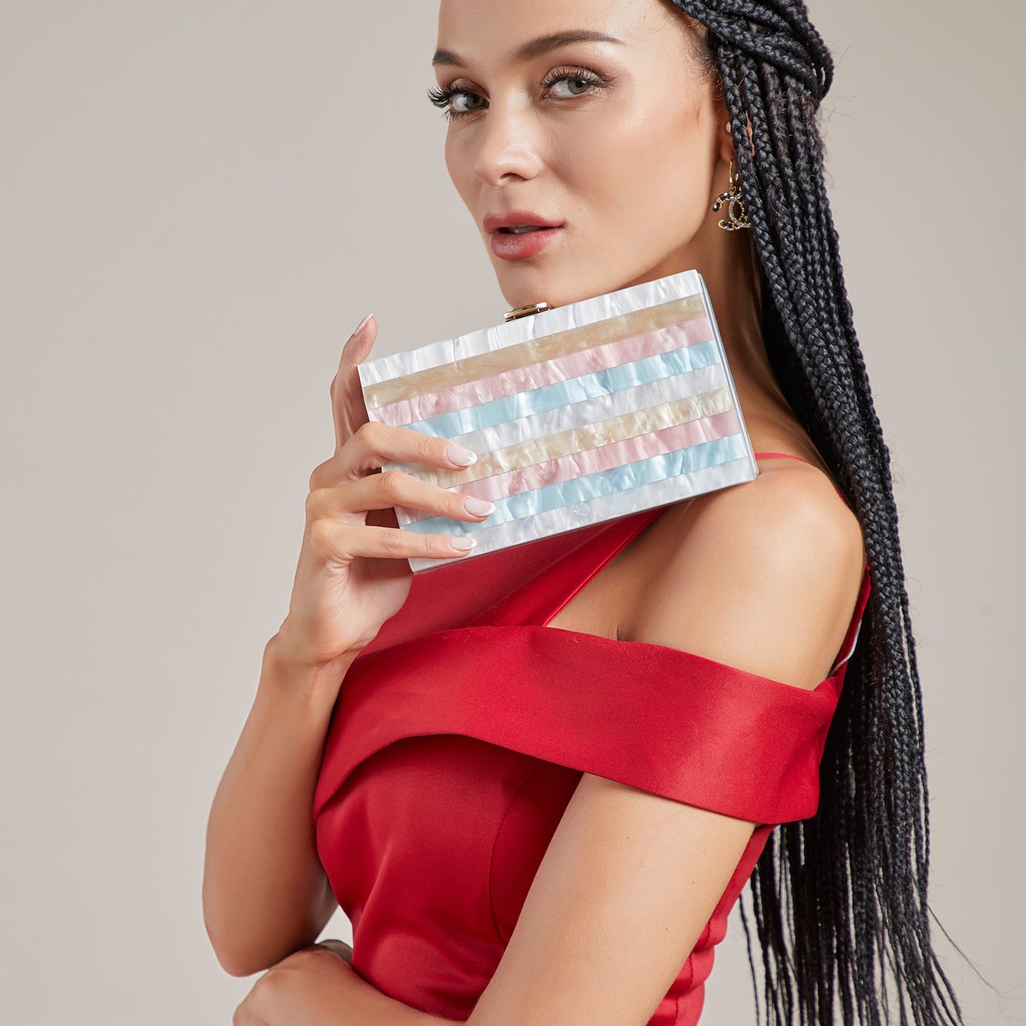 2023 new evening bag fashion striped stitching Pearl acrylic clutch cross-border Amazon exclusive