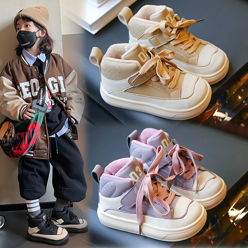Girls' Sneakers 2025 Autumn and Winter New Style Student Double Cotton Fleece-Lined Warm Boys' High-Top Dad Shoes for Older Children