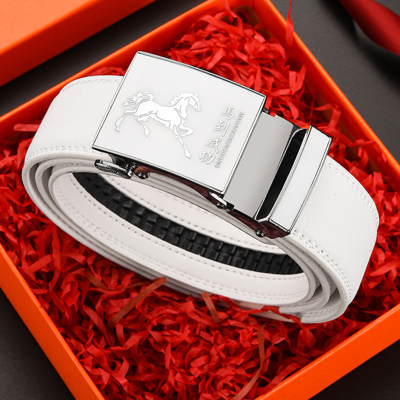 Belt Men's Genuine Leather White Automatic Buckle Belt Letter Trendy Personalized Trouser Belt Korean Version Dropshipping Factory Direct Sales