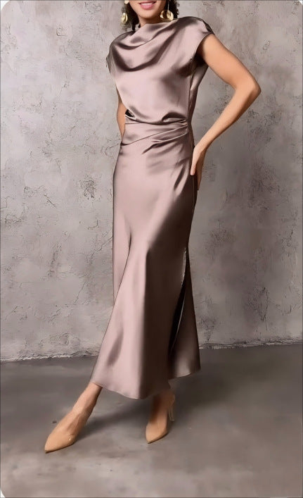 European and American Cross-Border Women's Clothing New Solid Color High-End Satin Slim One-Shoulder Sexy Backless Fishtail Dress