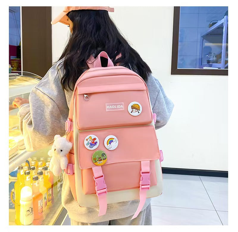 New School Bag Backpack Female Korean Version Canvas Large Capacity Five-Piece Set Middle School Student Backpack Student School Bag Female