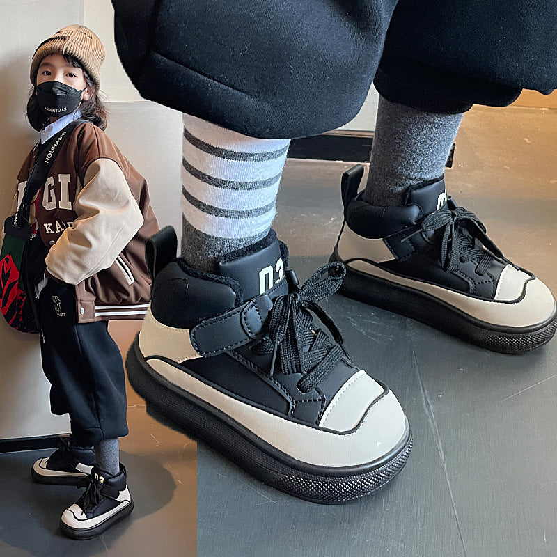 Girls' Sneakers 2025 Autumn and Winter New Style Student Double Cotton Fleece-Lined Warm Boys' High-Top Dad Shoes for Older Children