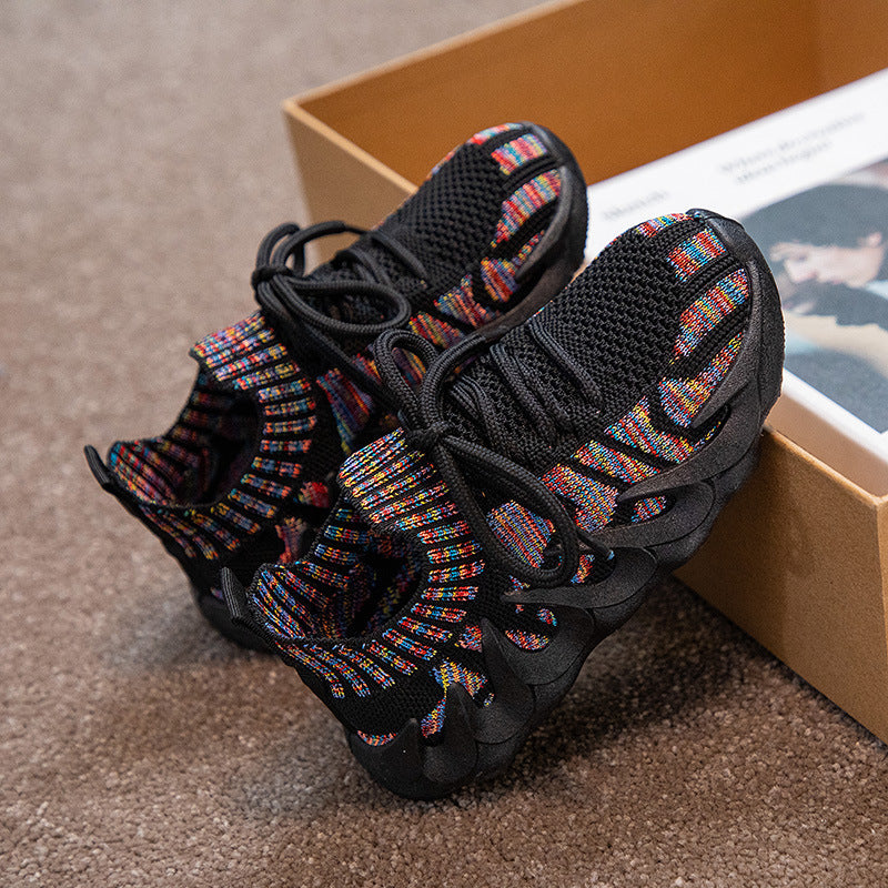 New Children's sneaker Flying Weaving Lace-up Running Shoes Jelly Soft Bottom Fashionable Octopus Men's and Women's Children's Shoes Foreign Trade