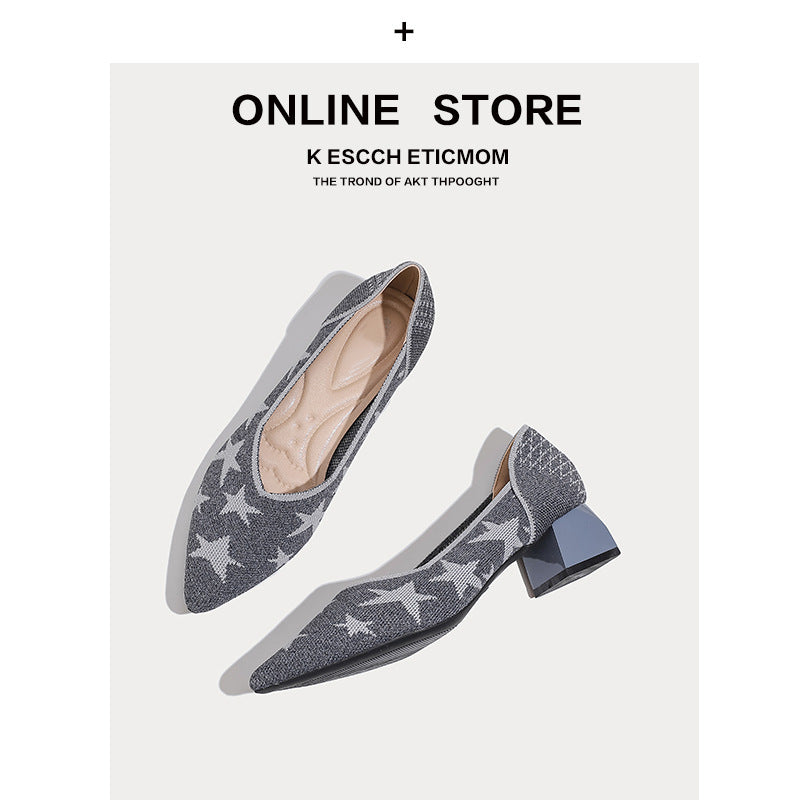 Japanese Princess Shoes Thick Heel 2022 New Pointed Shallow Mouth Single-layer Shoes Middle Heel Knitted Korean Style Women's High Heels