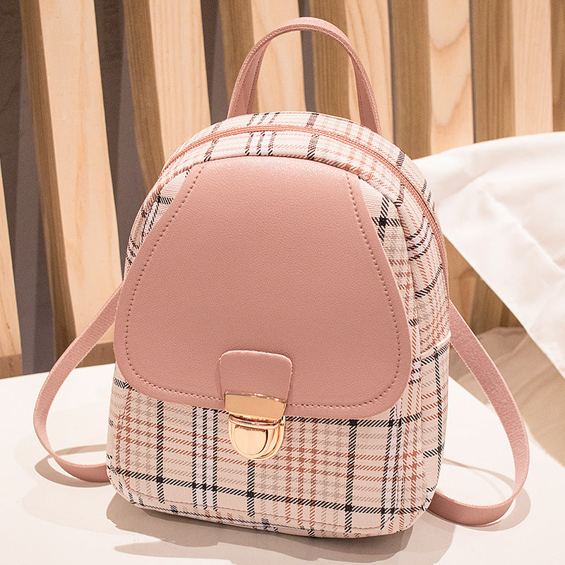 Small School Bag 2024 Korean Style Fashionable Small Backpack Satchel Shoulder Crossbody Bag Contrasting Color Mobile Phone Bag Pu Plaid Backpack