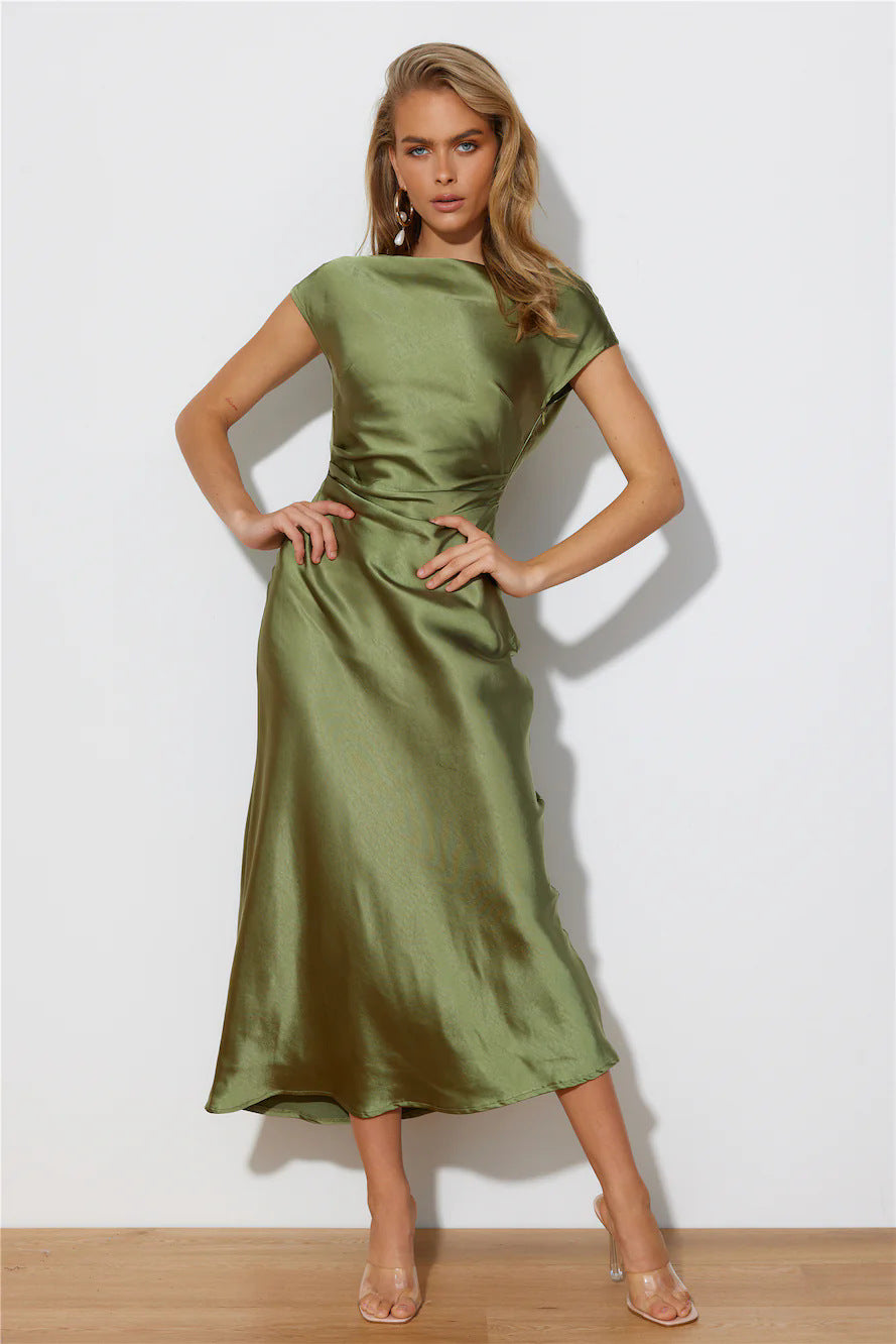European and American Cross-Border Women's Clothing New Solid Color High-End Satin Slim One-Shoulder Sexy Backless Fishtail Dress