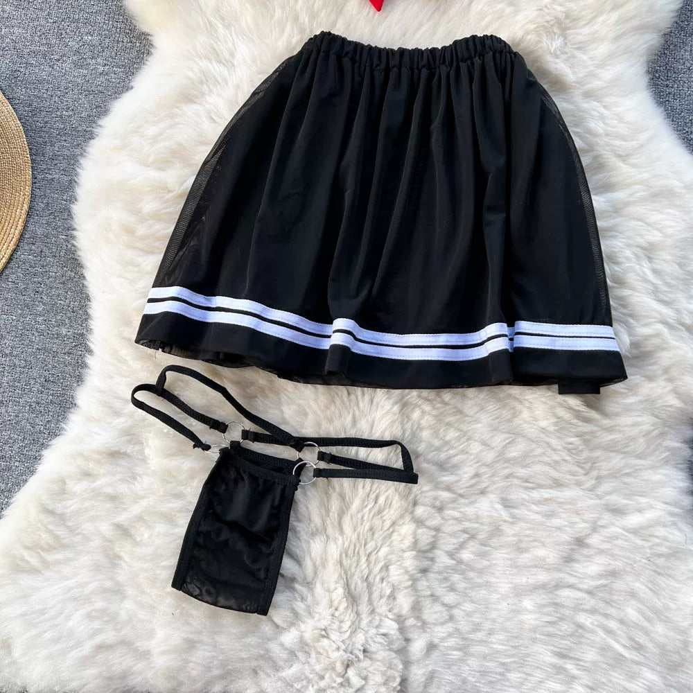 CHILLGIO-Conjunto de pijama con falda de malla transparente para mujer, ropa de dormir, lencería erótica de moda, estilo Preppy japonés
