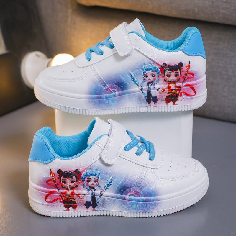 White Sneakers Nezha Ao Bing Children's Shoes Soft Sole Versatile Casual Sports Shoes with Buckle Student Shoes Running Shoes for Young Children
