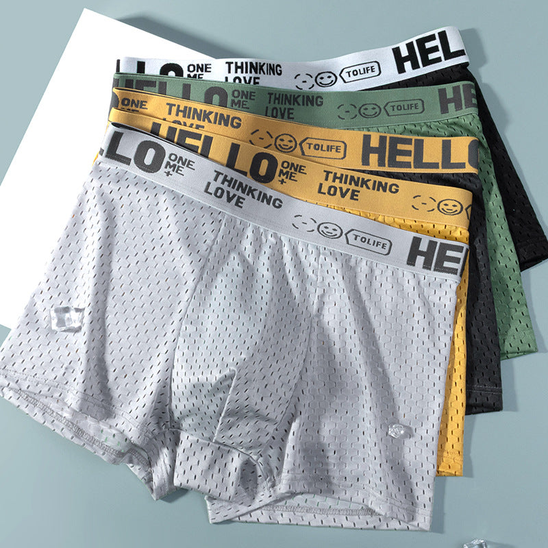 Hello Ice Silk Men's Underwear Skin-Friendly Breathable Mesh Quick-Drying Boxer Briefs Antibacterial Crotch Youth Boxer Shorts