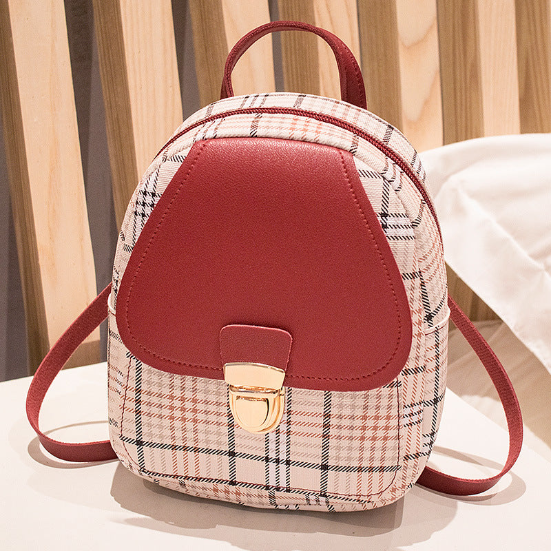 Small School Bag 2024 Korean Style Fashionable Small Backpack Satchel Shoulder Crossbody Bag Contrasting Color Mobile Phone Bag Pu Plaid Backpack