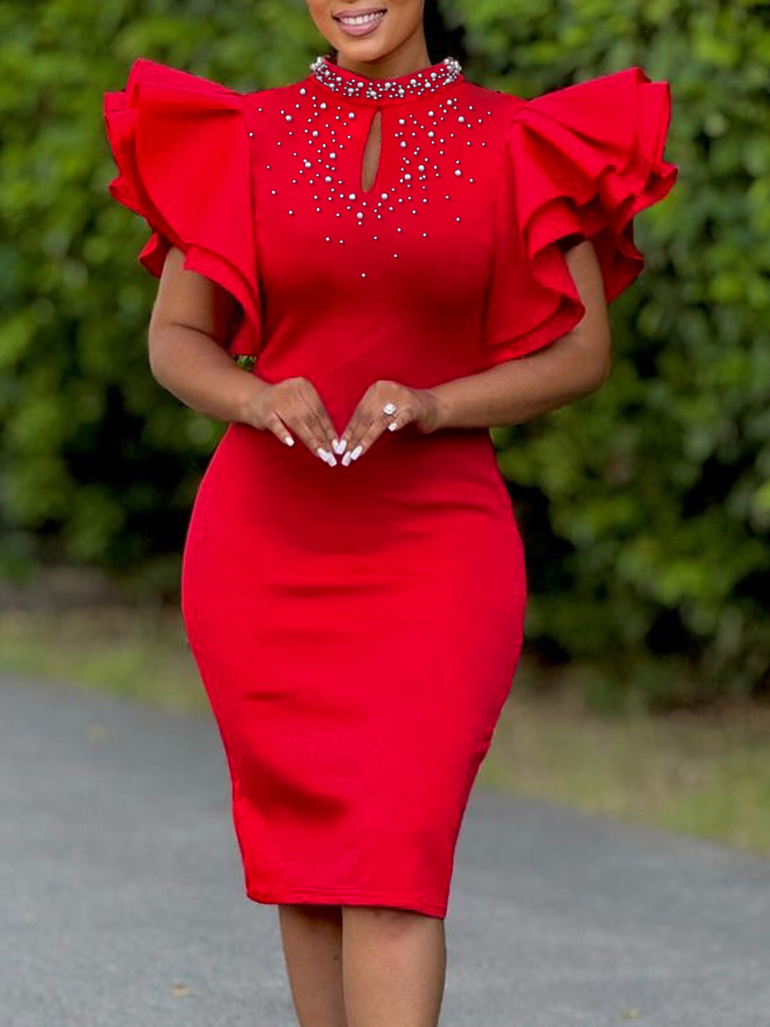D560 Export Women's Clothing 2026 New Fashion Sexy Ruffle Sleeve Beaded Party Evening Dress African Dress