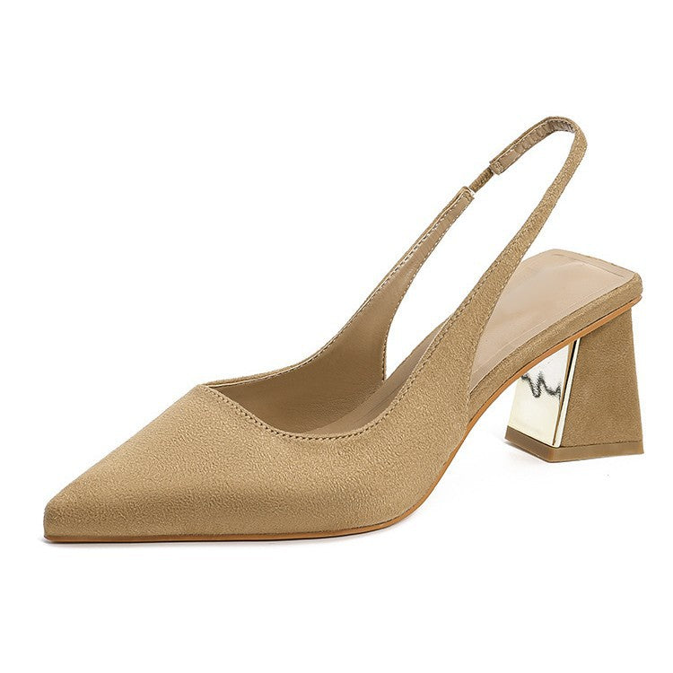 Pointed Toe Slimming Look Suede High-Heeled Shoes, Feminine 2023, New Spring and Summer Thick Heels, Simple Back Hollow Toe Sandals