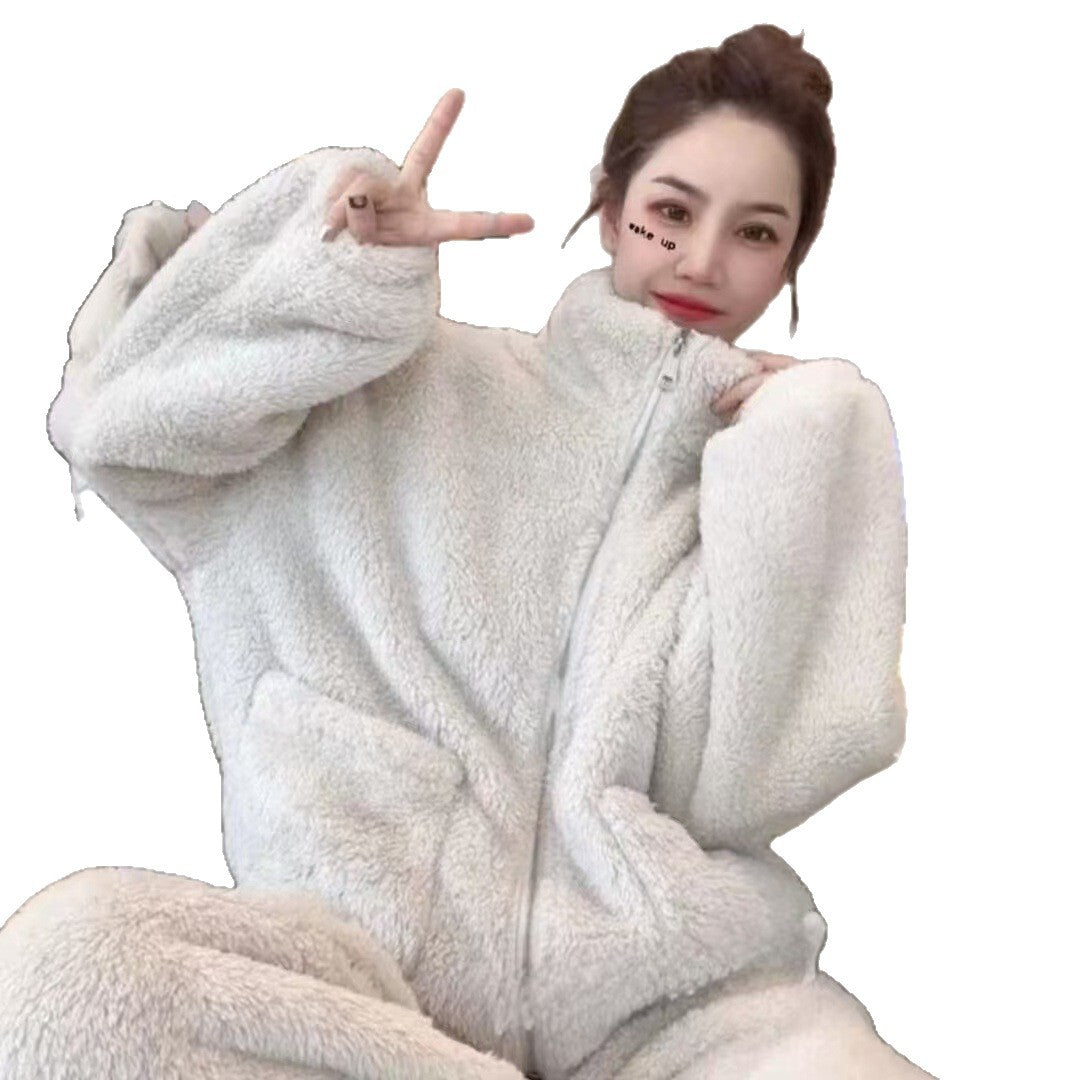 Ff2024 Stand-Up Collar Pajamas Autumn and Winter Home Clothes Thickeneded Suit High Collar Can Be Worn Outside Women's Home Pajamas Casual