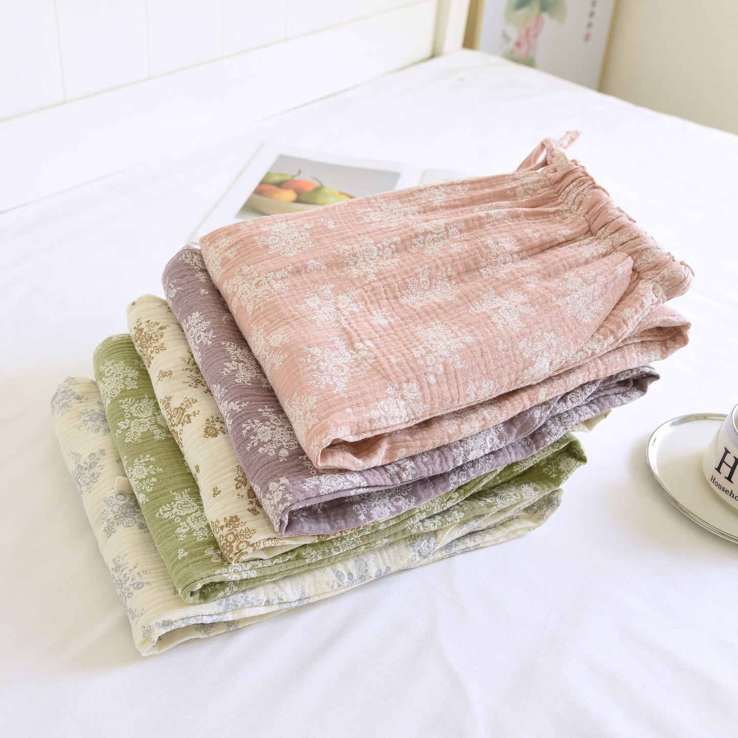 Spring and Autumn New Double-layer Cotton Yarn Home Pants Simple Atmospheric Crepe Trousers for Outer Wearing Four Seasons Thin Breathable