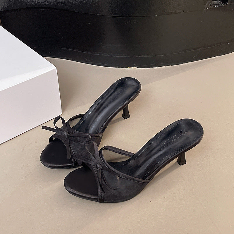 2025 Summer New European and American Style Fine-heeled Sandals Women's Bow Mesh Elegant High-heeled 42-yard Cross-border Sandals