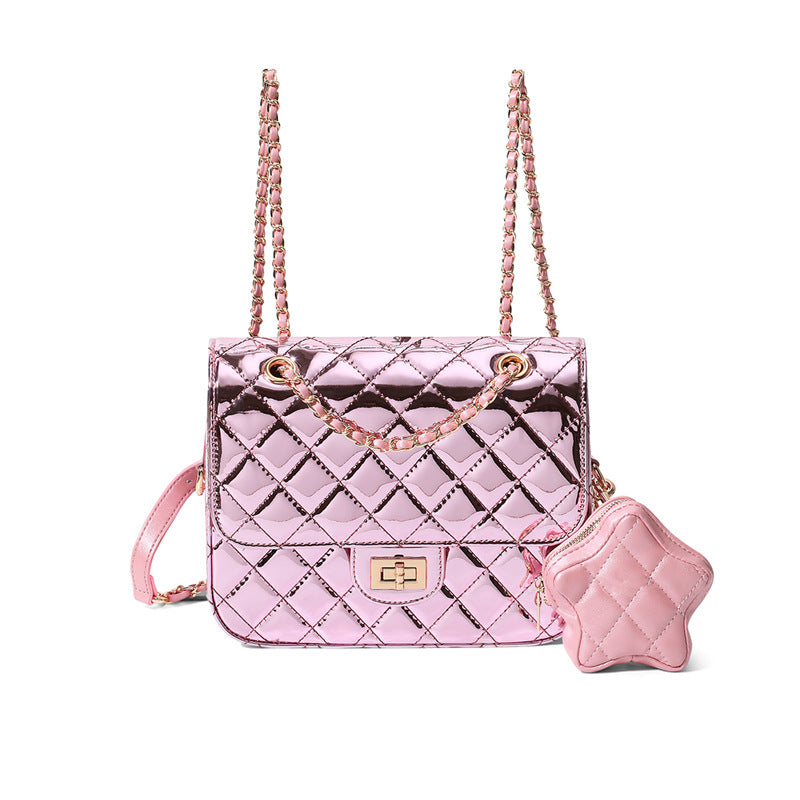 Tweed Style Patent Leather Quilted Star Backpack for Women 2024 New Silver Backpack High-End Genuine Leather Chain School Bag