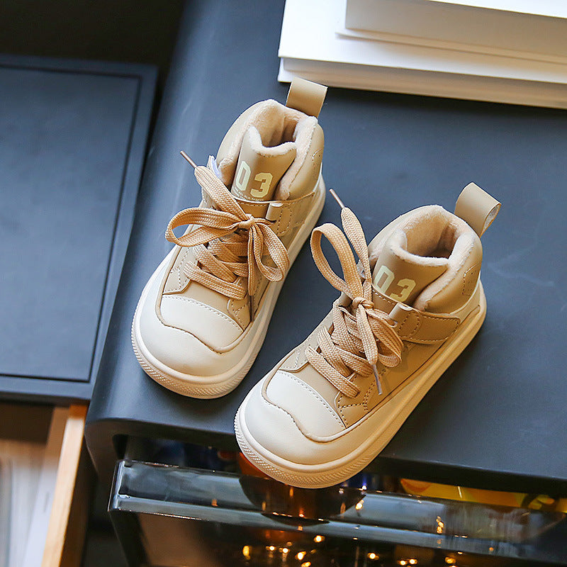 Girls' Sneakers 2025 Autumn and Winter New Style Student Double Cotton Fleece-Lined Warm Boys' High-Top Dad Shoes for Older Children