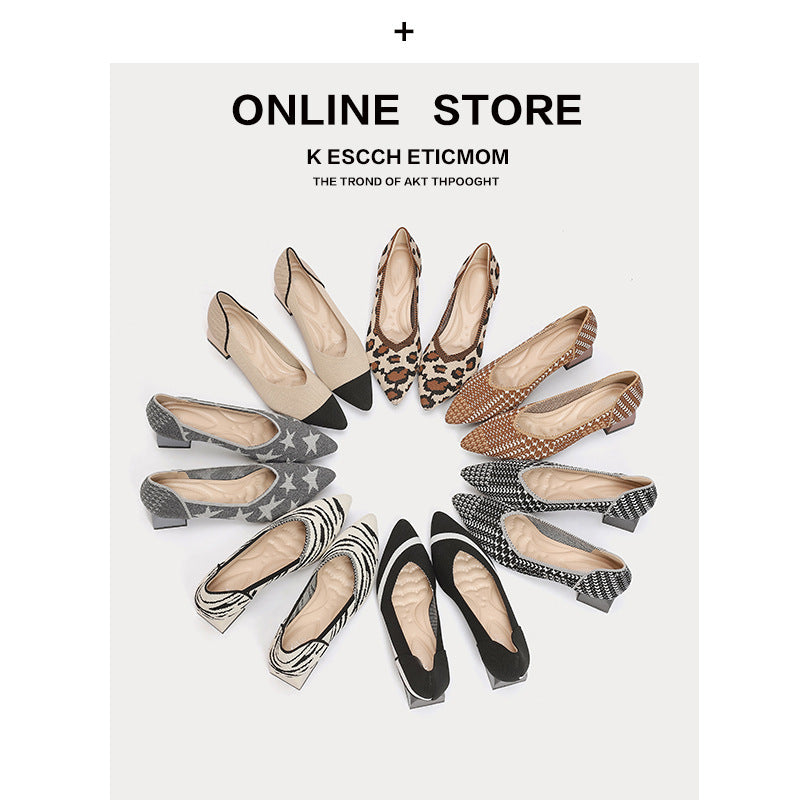 Japanese Princess Shoes Thick Heel 2022 New Pointed Shallow Mouth Single-layer Shoes Middle Heel Knitted Korean Style Women's High Heels