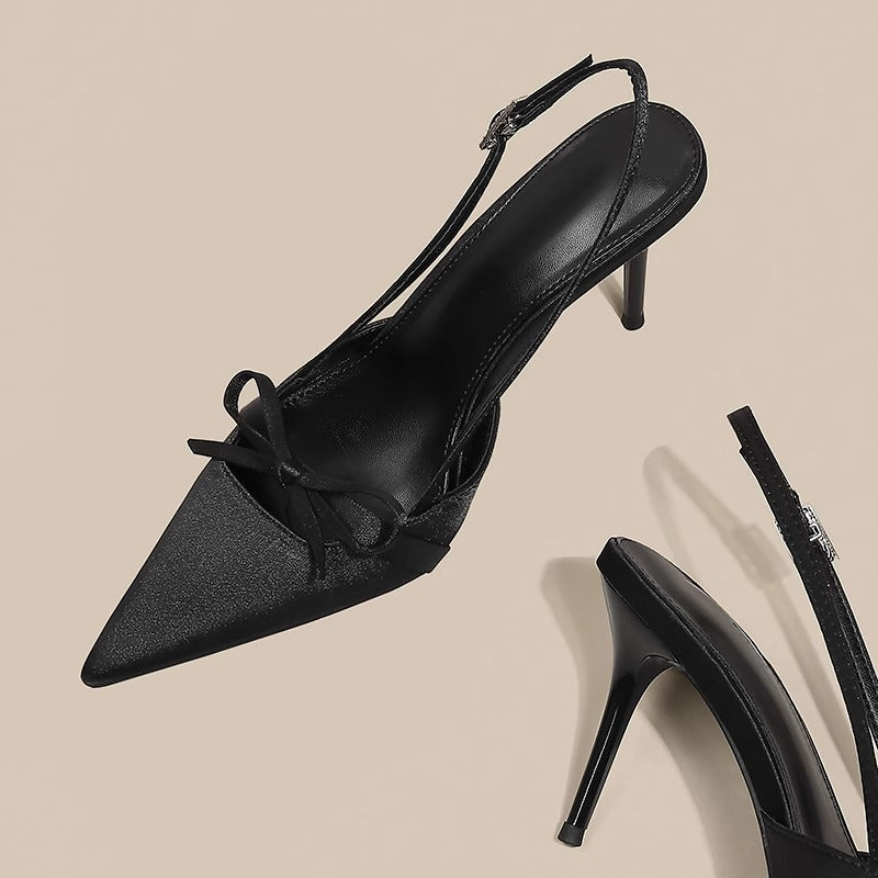 Bow-tied Sandals Women's Summer Gentle Style Dress Cheongsam National Style Elegant Pointed Stiletto Heel Black High-heeled Shoes