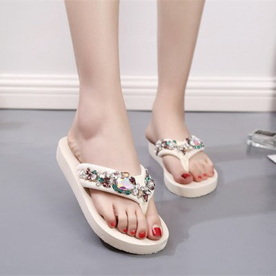 New Style Rhinestone Thick-Soled Beach Slippers for Women Summer Platform Soft-Soled High-Heeled Flip-Flops Fashionable Vacation Heightening Sandals
