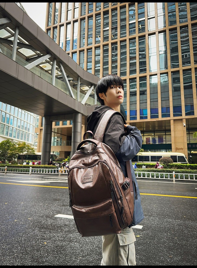 New soft leather retro men's and women's shoulder bag high school students college students large capacity schoolbag trendy cool all-match backpack wholesale