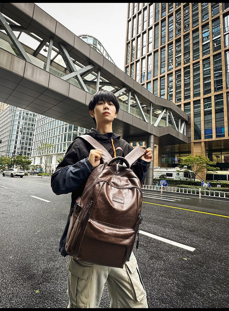 New soft leather retro men's and women's shoulder bag high school students college students large capacity schoolbag trendy cool all-match backpack wholesale