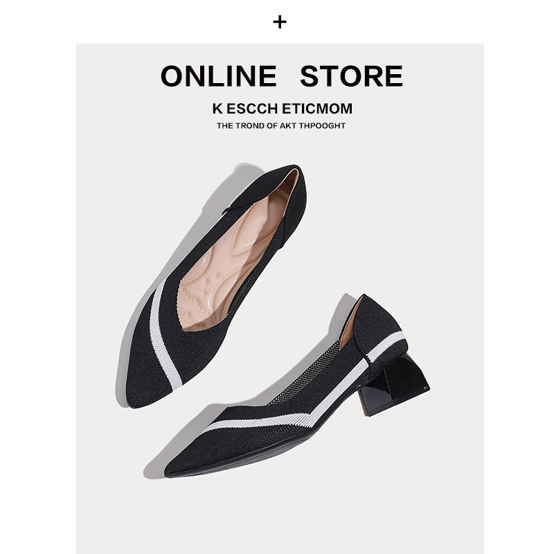 Japanese Princess Shoes Thick Heel 2022 New Pointed Shallow Mouth Single-layer Shoes Middle Heel Knitted Korean Style Women's High Heels