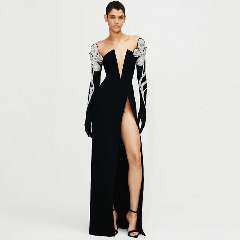 2025 Autumn/Winter New Cross-Border Long Sleeve V-Neck Off-Shoulder Clavicle-Revealing Hot Girl Bodycon Bandage Evening Dress