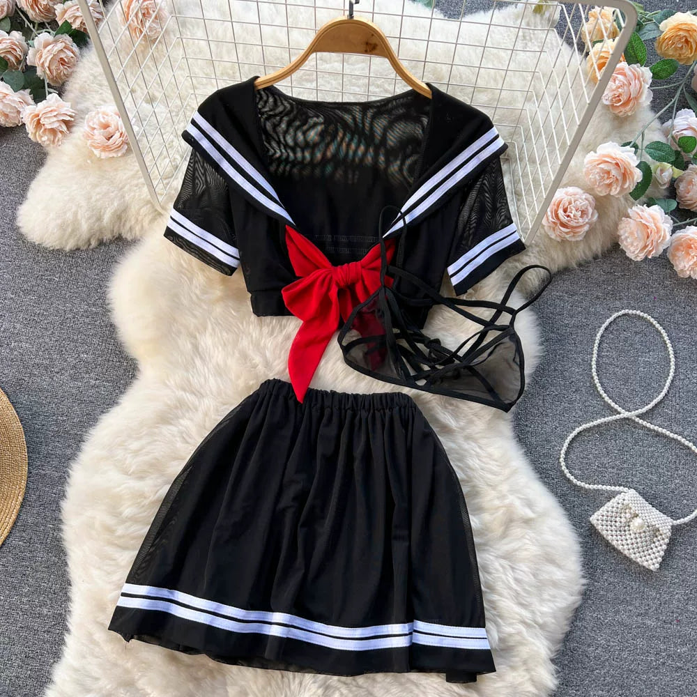 CHILLGIO-Conjunto de pijama con falda de malla transparente para mujer, ropa de dormir, lencería erótica de moda, estilo Preppy japonés