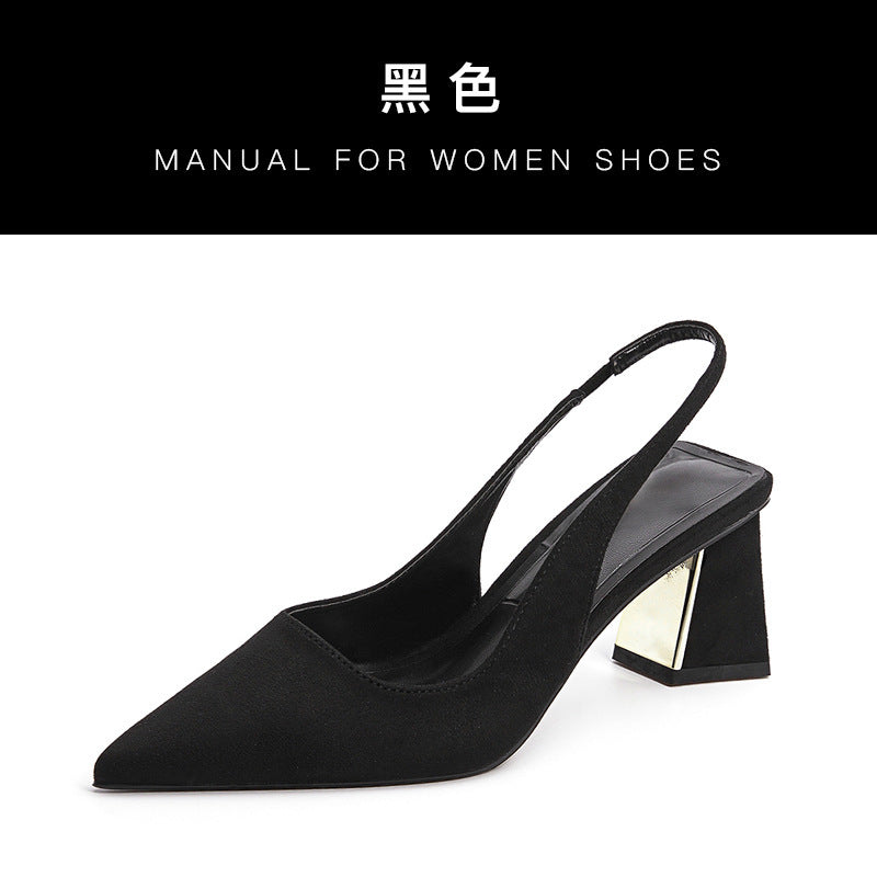 Pointed Toe Slimming Look Suede High-Heeled Shoes, Feminine 2023, New Spring and Summer Thick Heels, Simple Back Hollow Toe Sandals