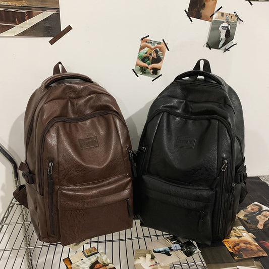 New soft leather retro men's and women's shoulder bag high school students college students large capacity schoolbag trendy cool all-match backpack wholesale