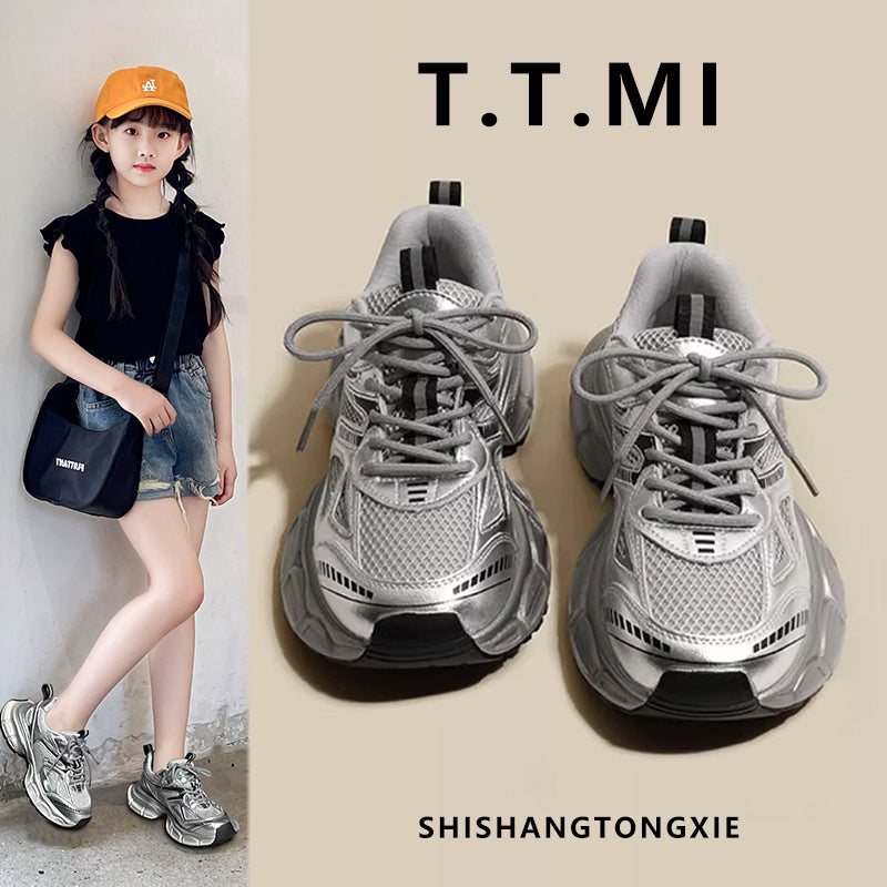 Girls' Sneakers Spring/Summer 2025 New Model for Older Children, Silver Mesh Summer Running Shoes, Kids' Shoes, Dad Shoes